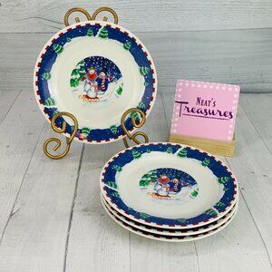 Oneida SLEIGH RIDE  Red Checks Stoneware Christmas Appetizer Salad  Plates Set 4